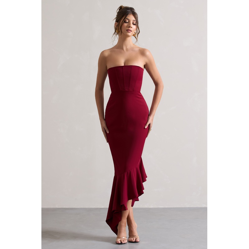 Sandy | Berry Strapless Corset Asymmetric Maxi Dress