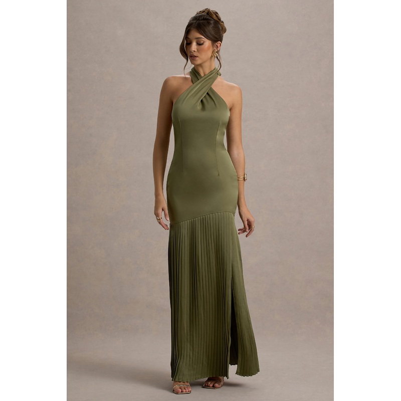 Sansa | Khaki Satin Cross Halter-Neck Plisse Maxi Dress