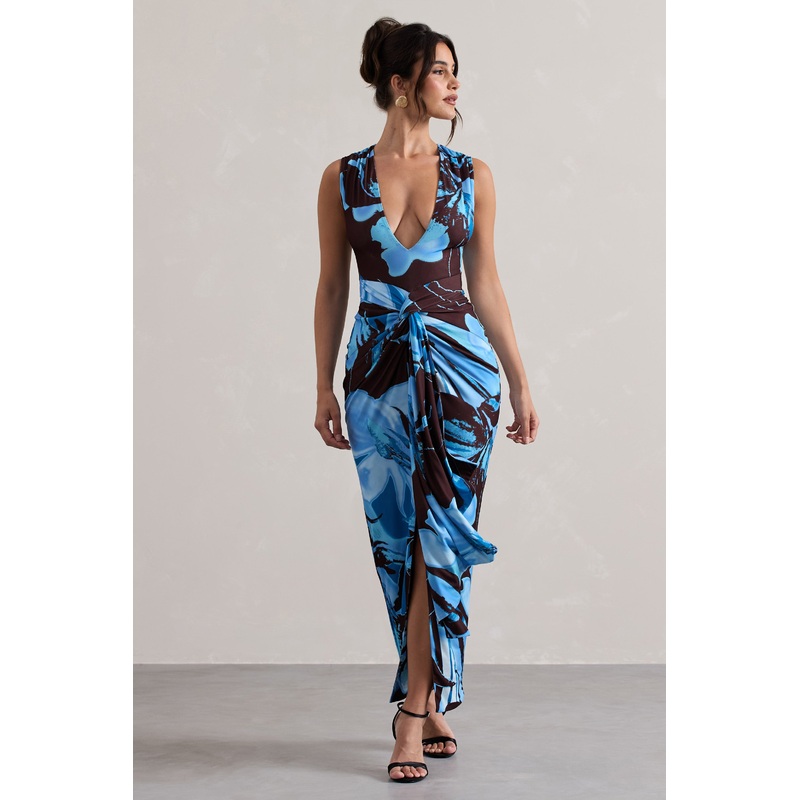 Santana | Floral Print Plunge-Neck Split Maxi Dress With Knot Detail