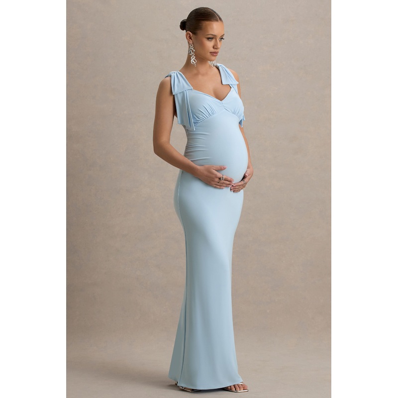 Sheen | Powder Blue Sweetheart Bow Strap Maternity Midi Dress