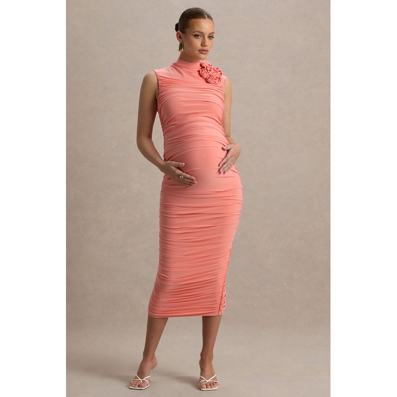 Shellie | Coral High-Neck Maternity Midi Dress With Corsage Detail