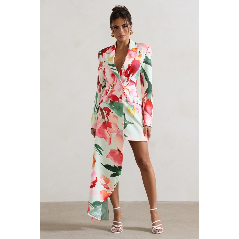 Spiral | Mint Floral Tailored Blazer Mini Dress With Asymmetric Hem