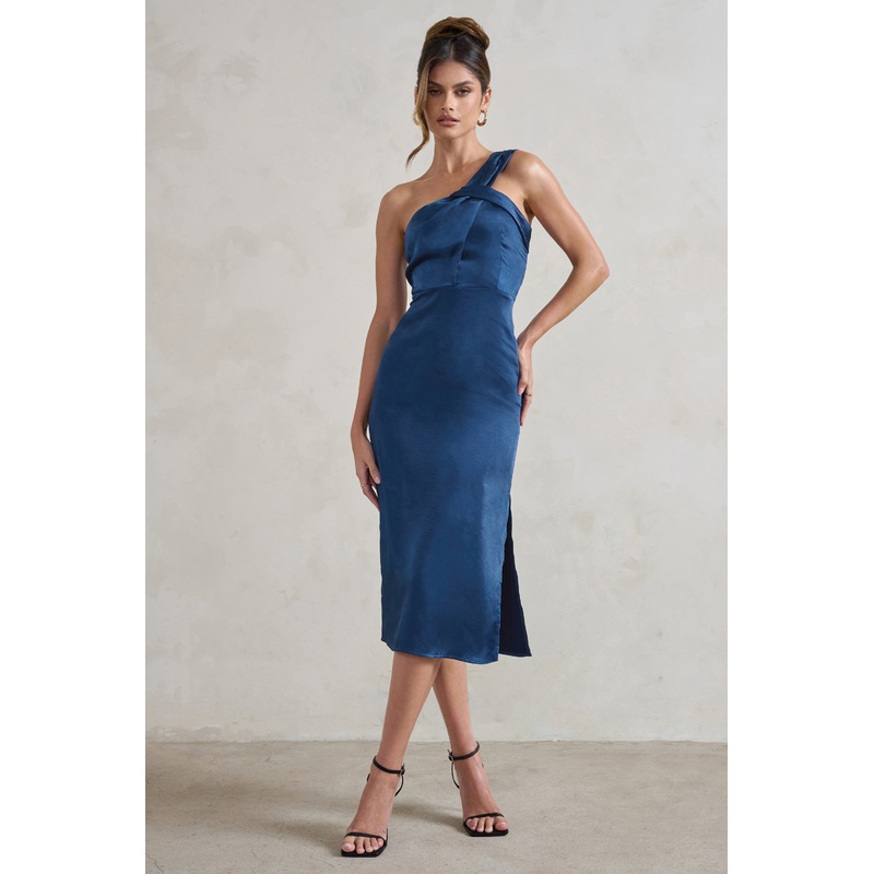 Steffie | Navy Asymmetric Satin Midi Dress