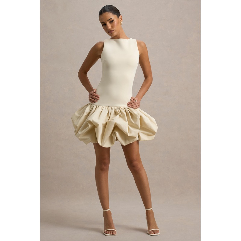 Tamie | Stone Boat-Neck Ruffled Mini Dress
