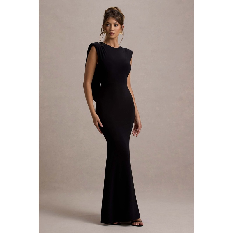 To The Moon | Black Cowl-Back Maxi Dress