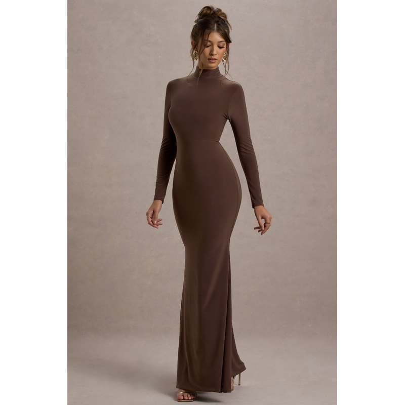 Tova | Chocolate High-Neck Long-Sleeve Maxi Dress