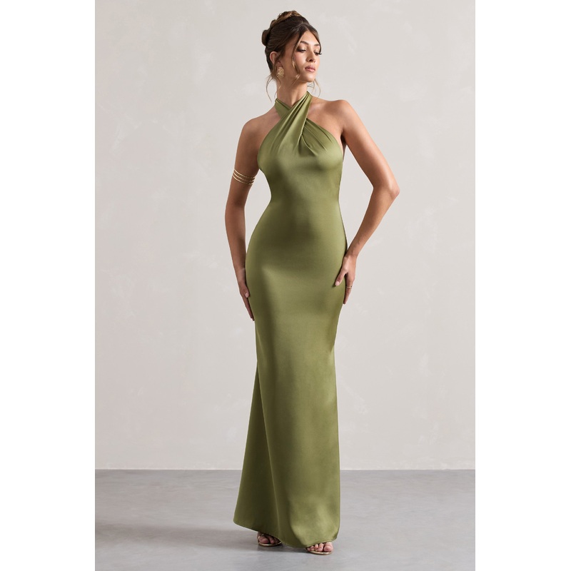 Unbeatable | Olive Satin Cross Over Halter-Neck Maxi Dress