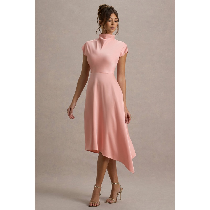 Velma | Light Pink Satin Midi Dress With Draped Hem