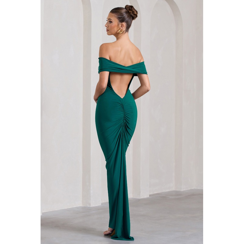 Vivienne | Bottle Green Bardot Open-Back Maxi Dress