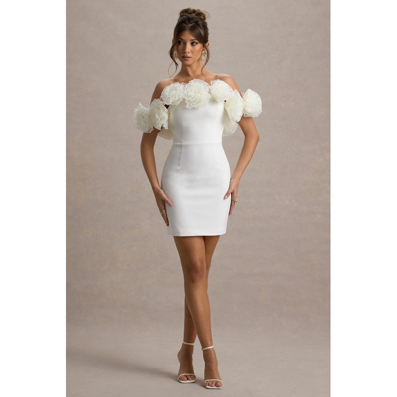 Von | White Bardot Mini Dress With Ruffle Trim