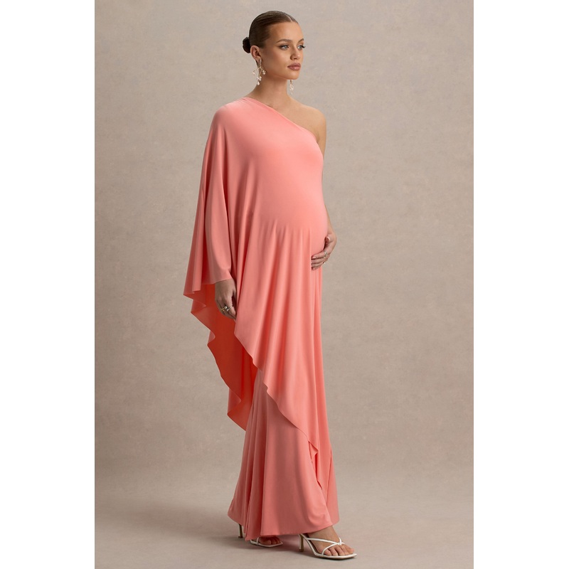 Waves | Coral Asymmetric Maternity Maxi Dress With One-Sleeve Cape
