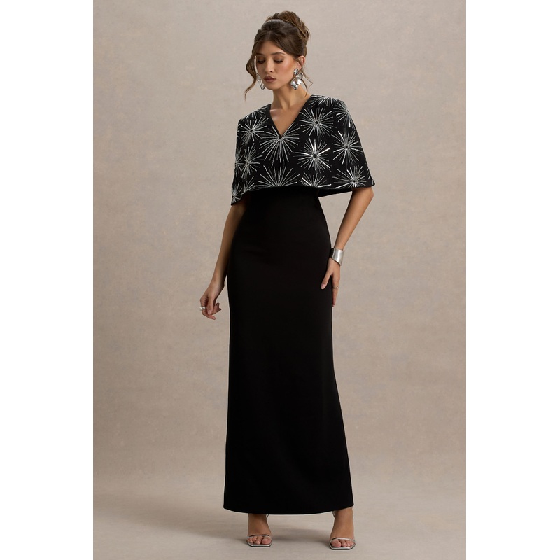 Agnella | Black Embellished V-Neck Maxi Dress