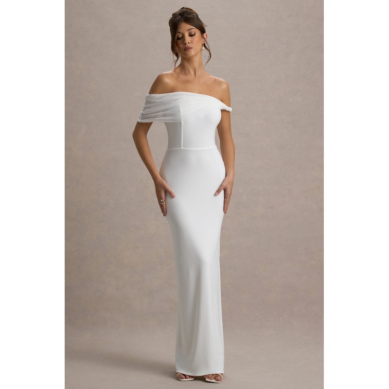 Alonza | White Twisted Bardot Maxi Dress