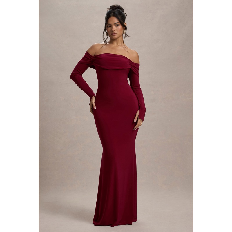 Amaia | Berry Bardot Long-Sleeve Maxi Dress