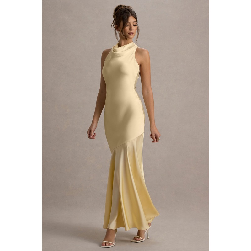 Amelita | Lemon Satin Cowl-Neck Maxi Dress