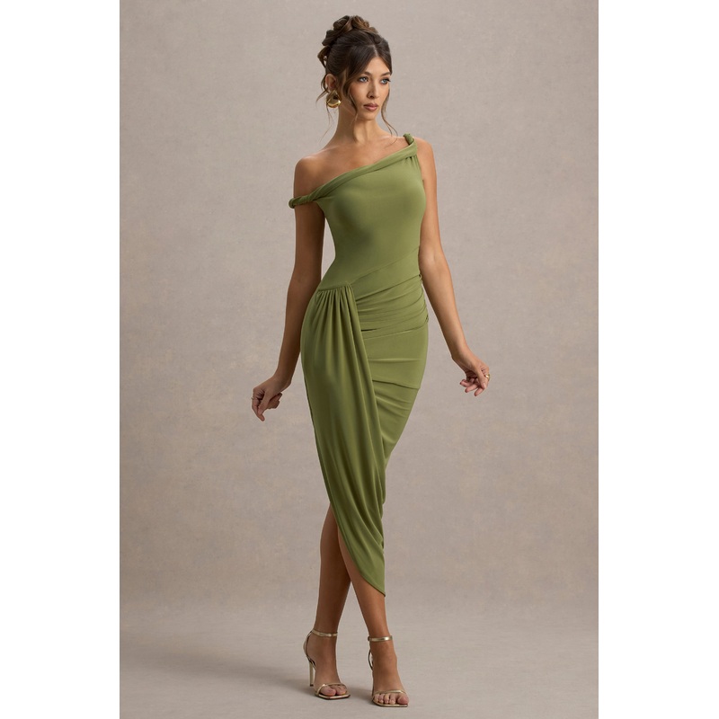 Angelique | Olive Green Twisted Asymmetric Maxi Dress