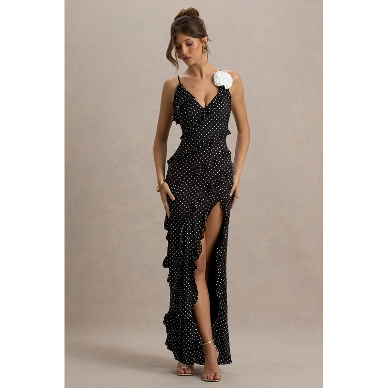 Annabelle | Black Polka Dot Ruffled Maxi Dress With Corsage