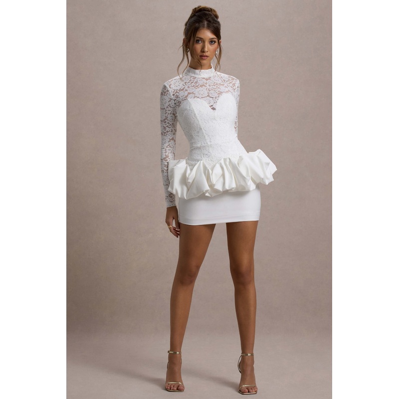 Antheia | White Lace Long-Sleeve Peplum Mini Dress