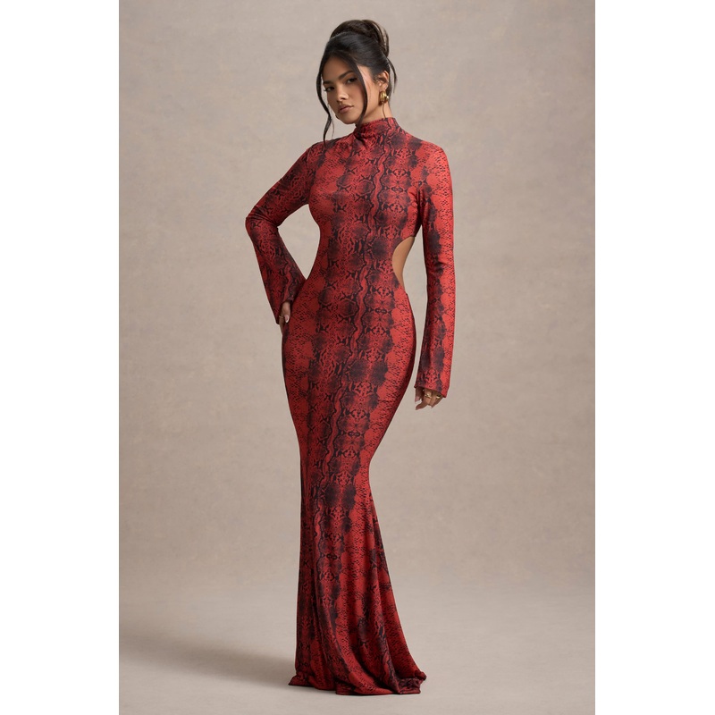 Arabia | Red Snake Print High-Neck Cut-Out Maxi Dress