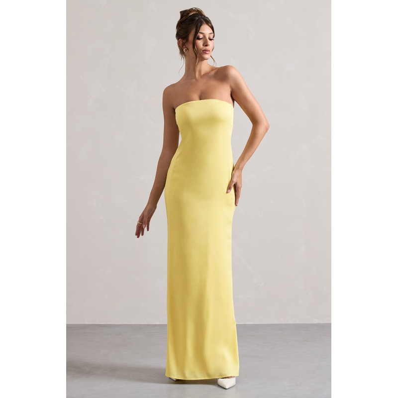 Azra | Lemon Satin Bandeau Maxi Dress