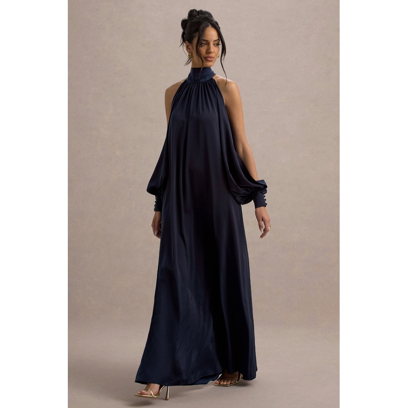 Baila | Navy Satin High-Neck Cape-Sleeve Maxi Dress