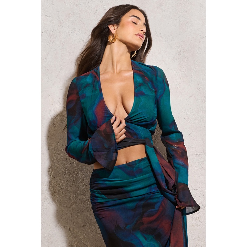 Bayside | Blue Print Chiffon Flared-Sleeve Wrap Top