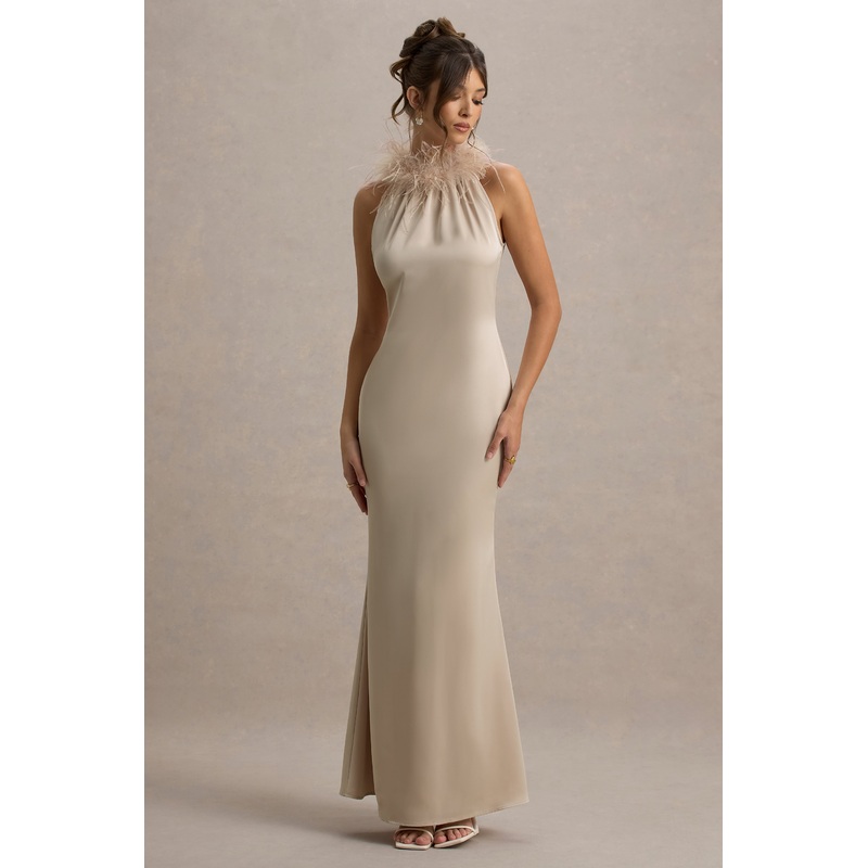 Bianca | Champagne Satin Feather-Trim Maxi Dress