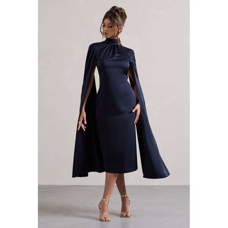 Brogan | Navy Satin High-Neck Midi Dress With Cape Sleeves