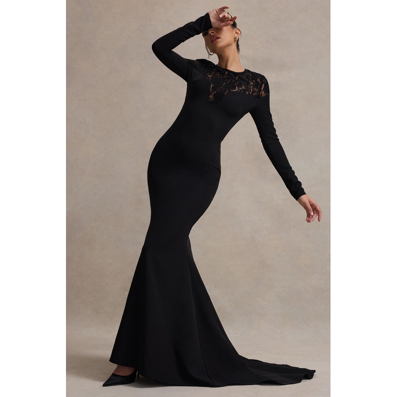 Campbell | Black Long-Sleeve Maxi Dress With Lace Detail