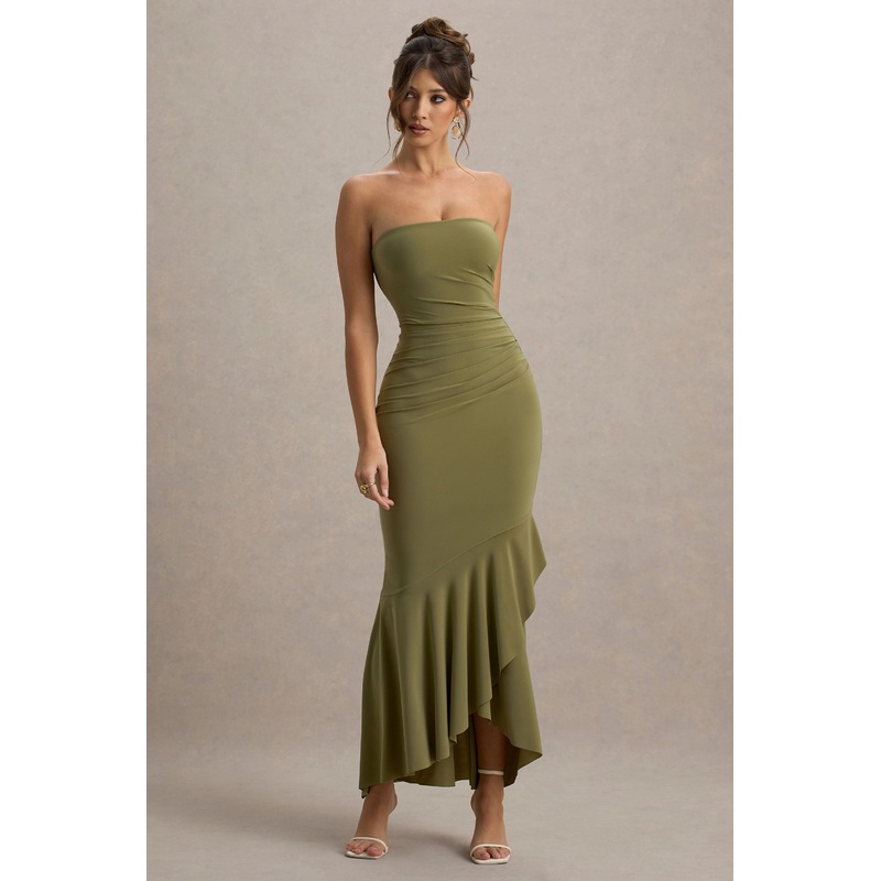 Capria | Olive Green Bandeau Wrap Maxi Dress