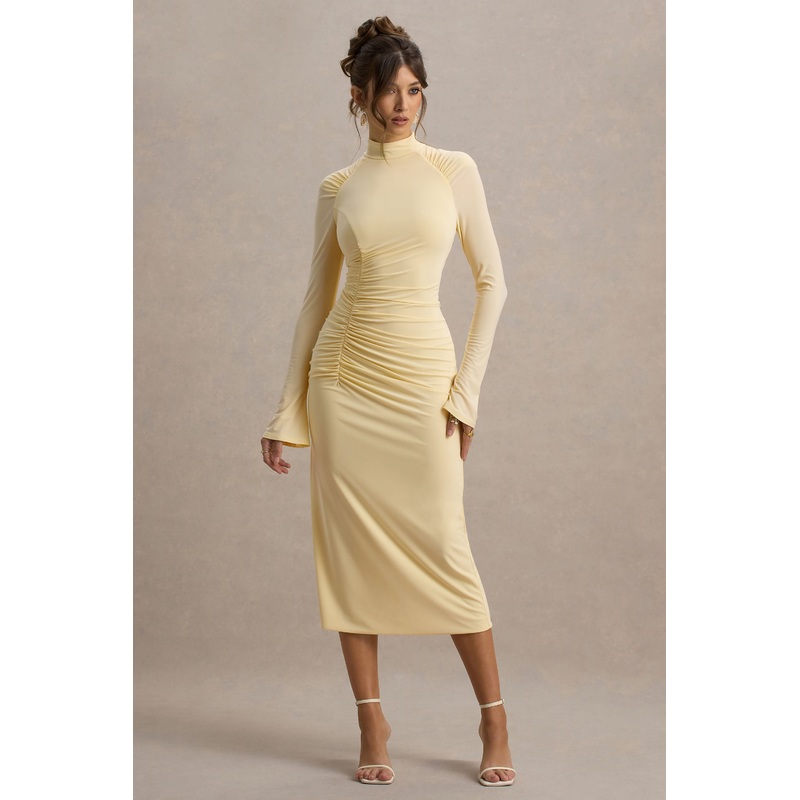 Cassandra | Pale Lemon High-Neck Long-Sleeve Midi Dress