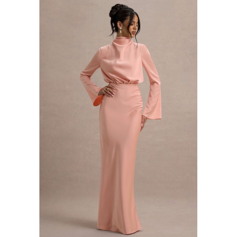 Celina | Light Pink Satin High-Neck Maxi Dress