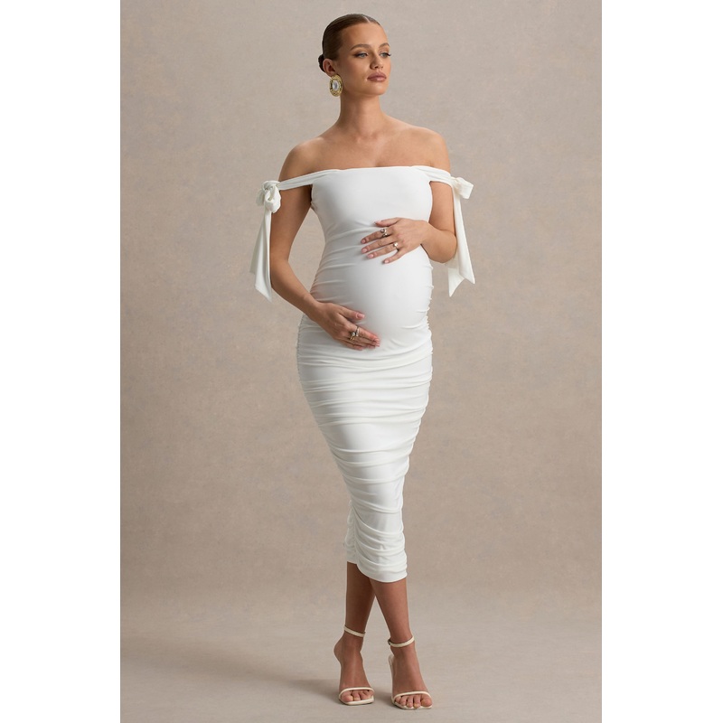 Chandelier | White Bardot Maternity Midi Dress With Bow Details