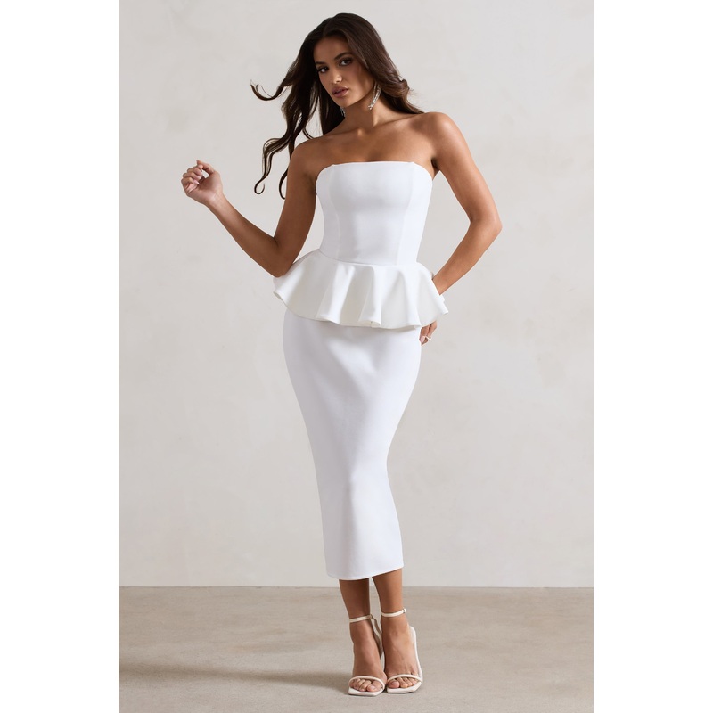 Chicago | White Bodycon Bandeau Midi Dress With Peplum Detail