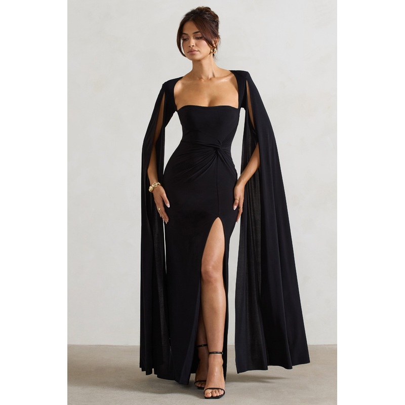 Claretta | Black Square Neck Twisted Maxi Dress With Cape Sleeves