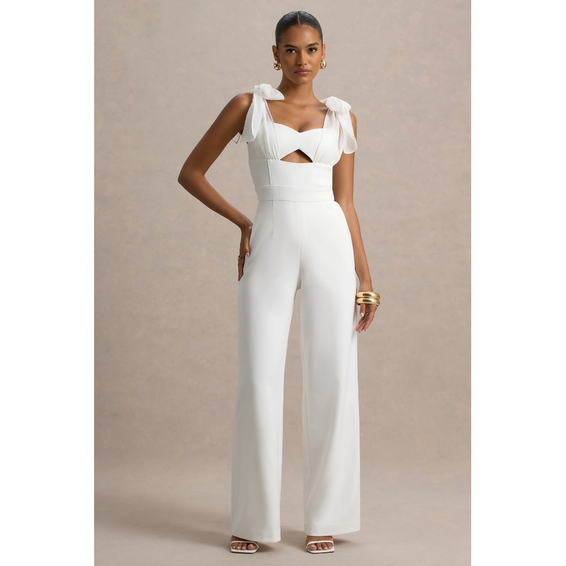Claudelle | White Flared-Leg Jumpsuit With Organza Bow Straps