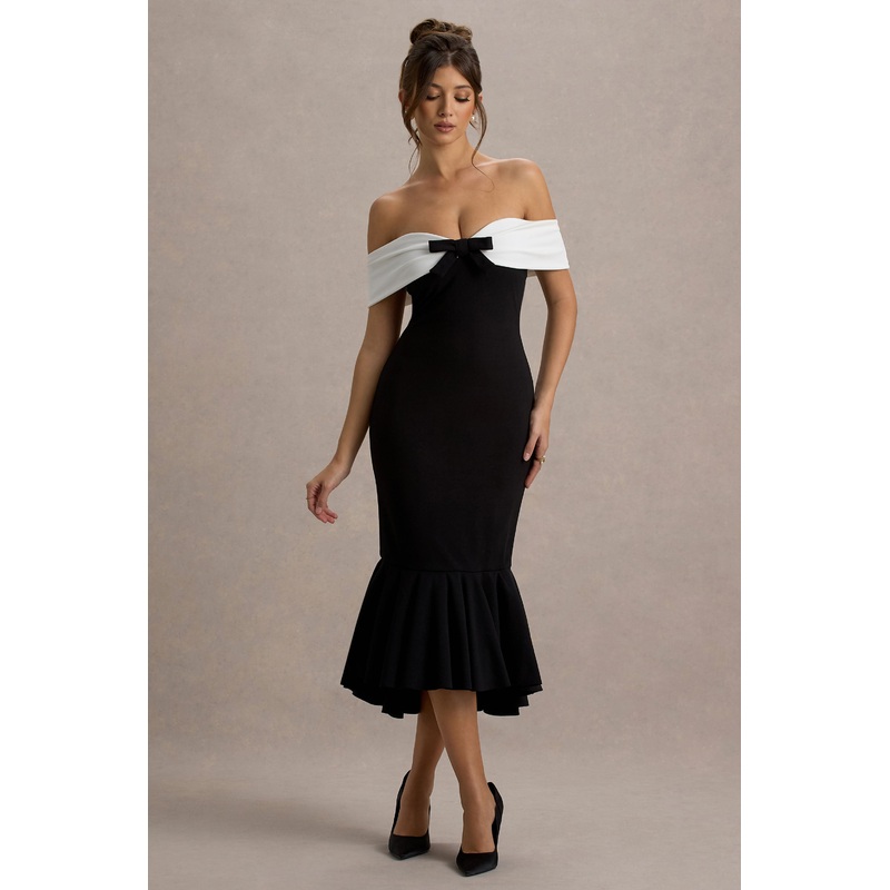 Corola | Black & White Bardot Volume-Hem Midi Dress