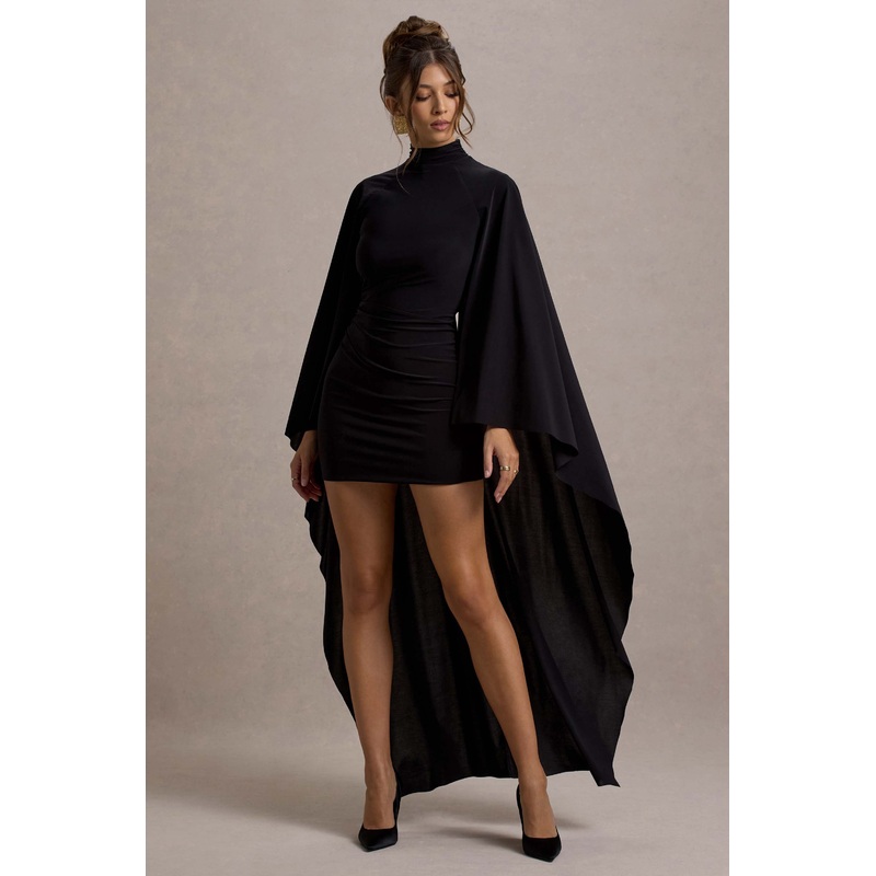 Damia | Black High-Neck Mini Dress With Asymmetric Cape