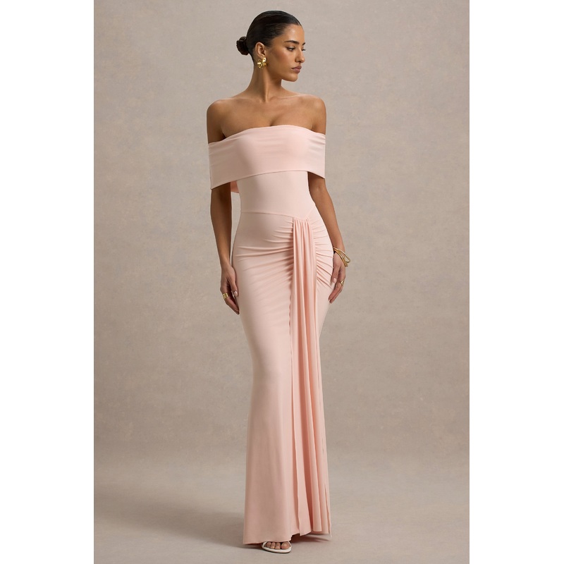 Delma | Pink Bardot Maxi Dress With Drape Detail