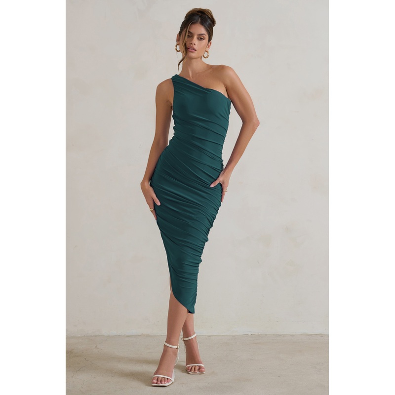 Dorit | Bottle Green One Shoulder Asymmetric Ruched Midi Dress