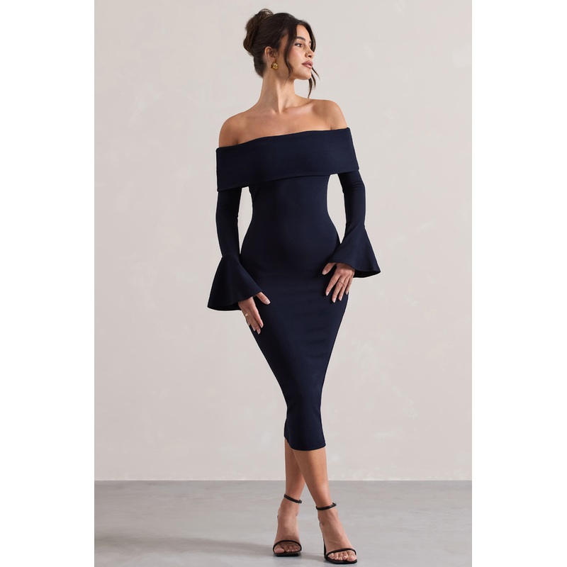 Emma | Navy Bardot Flared-Sleeve Midi Dress