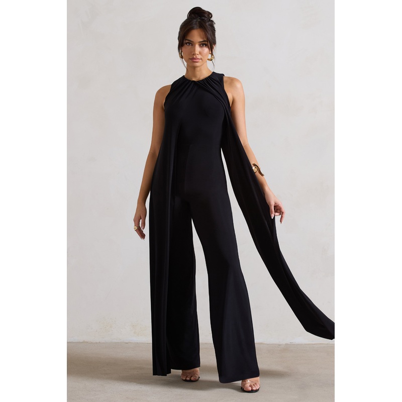 Essence | Black High-Neck Wide-Leg Jumpsuit With Cape