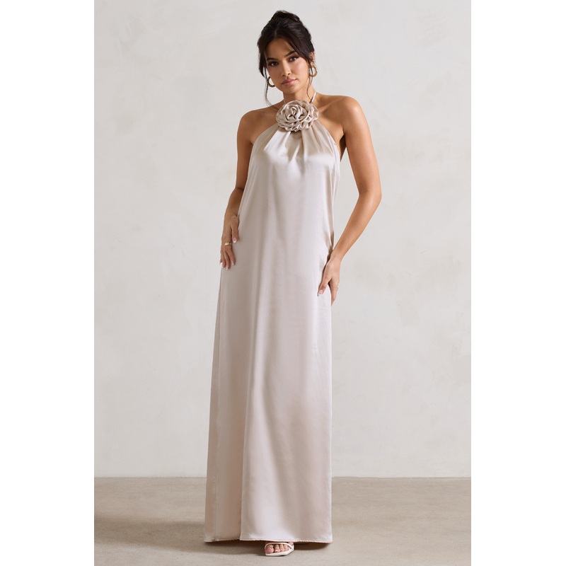 Everleigh | Cream Satin Relaxed Fit Maxi Column Dress With Corsage