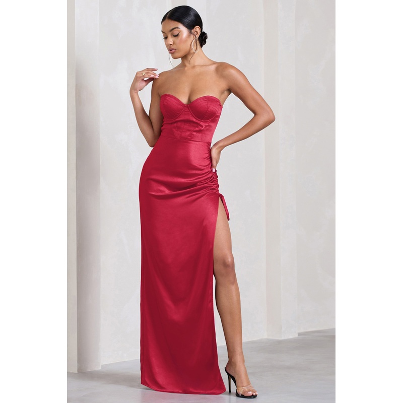 Expose | Red Satin Sweetheart Corset Asymmetric Maxi Dress