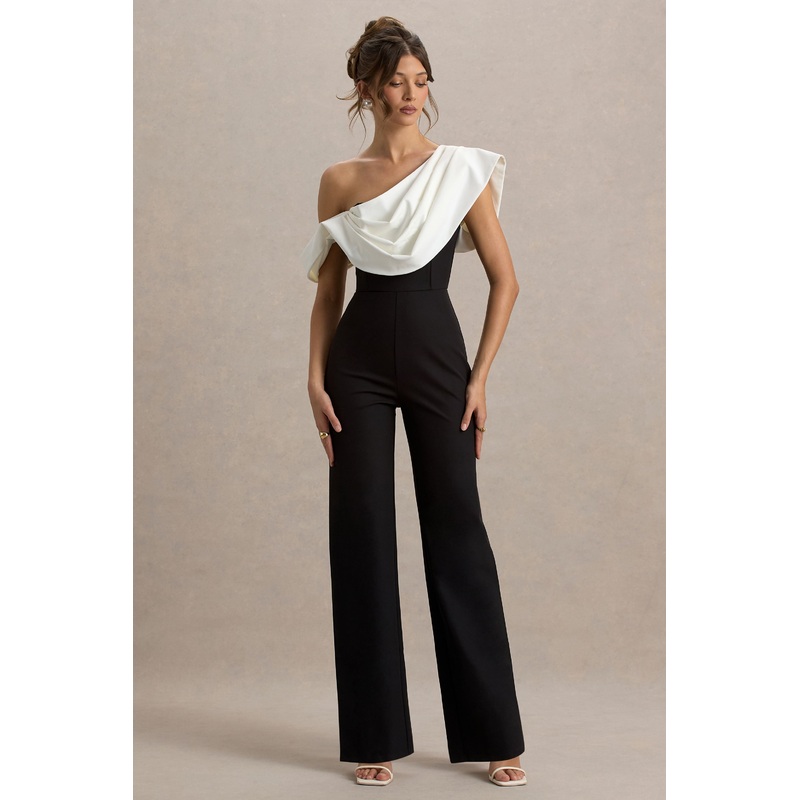 Falling For You | Black & White Asymmetric Draped Jumpsuit