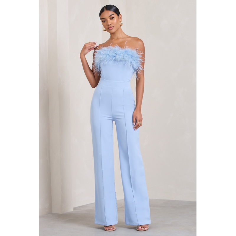 First Class | Blue Bandeau Feather Wide Leg jumpsuit