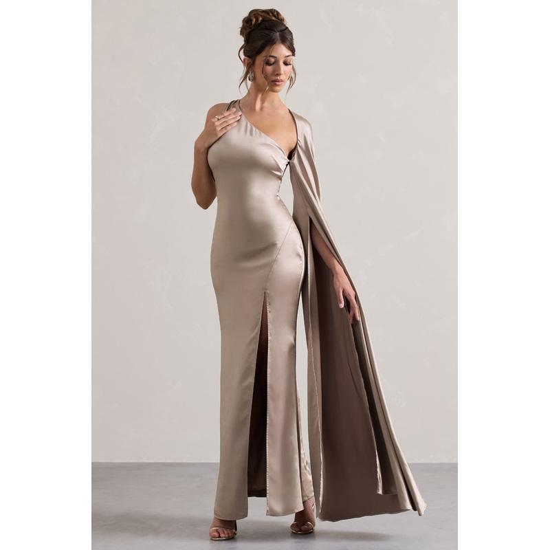 Gala | Taupe Satin One-Shoulder Cape Sleeve Split Maxi Dress