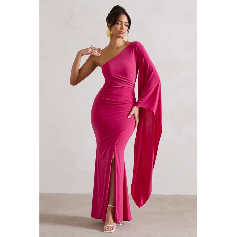Giada | Dark Pink Ruched One Shoulder Cape Sleeve Maxi Dress