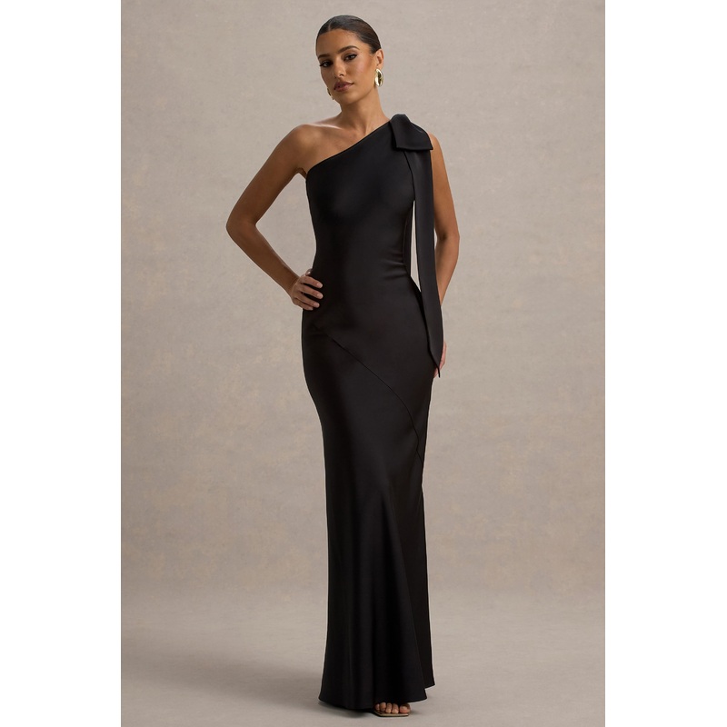 Here For Love | Black Satin Asymmetric Maxi Dress With Bow