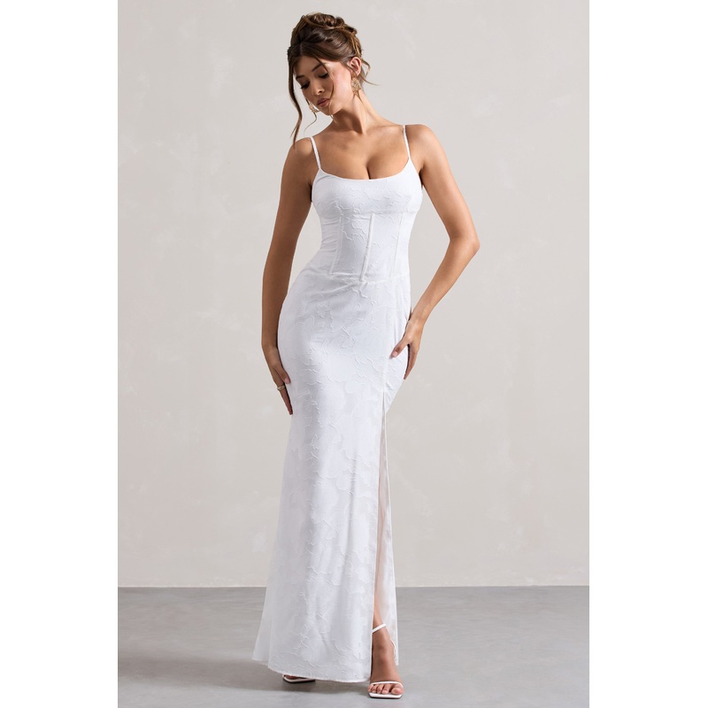 Intimacy | White Lace Corset Split Maxi Dress